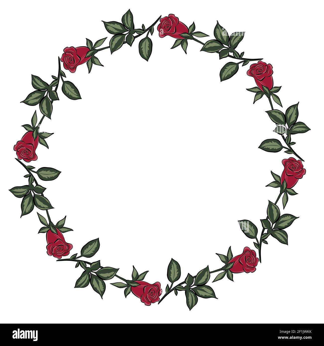 Circular frame with red roses. Freehand drawing, concept. Vector circle. For postcards, design and decoration. Red garden flowers with leaves in a Stock Vector