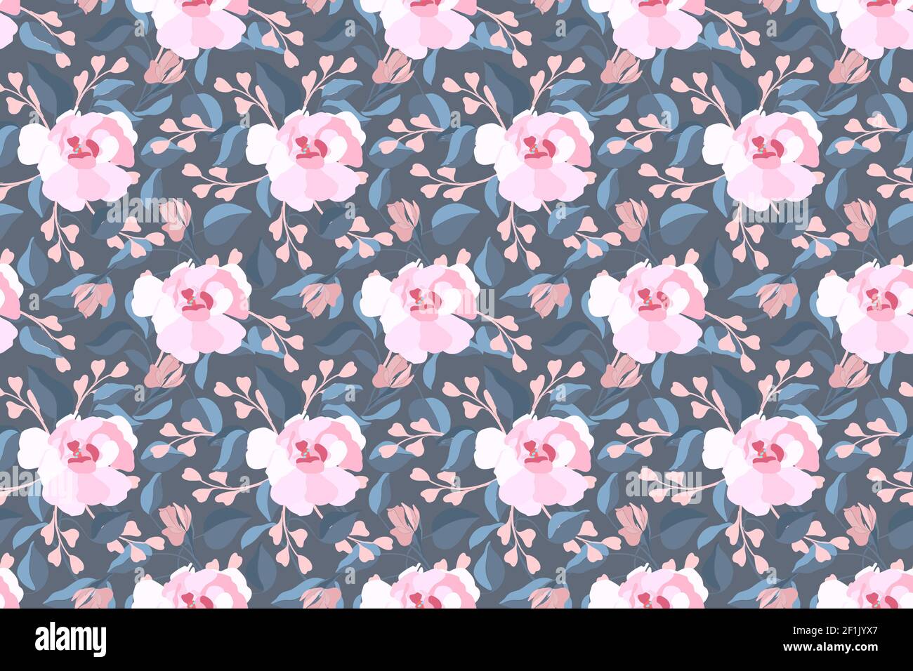 Art floral vector seamless pattern. Pink flowers, blue leaves. Garden flowers, buds isolated on a grey background. Endless pattern. Stock Vector