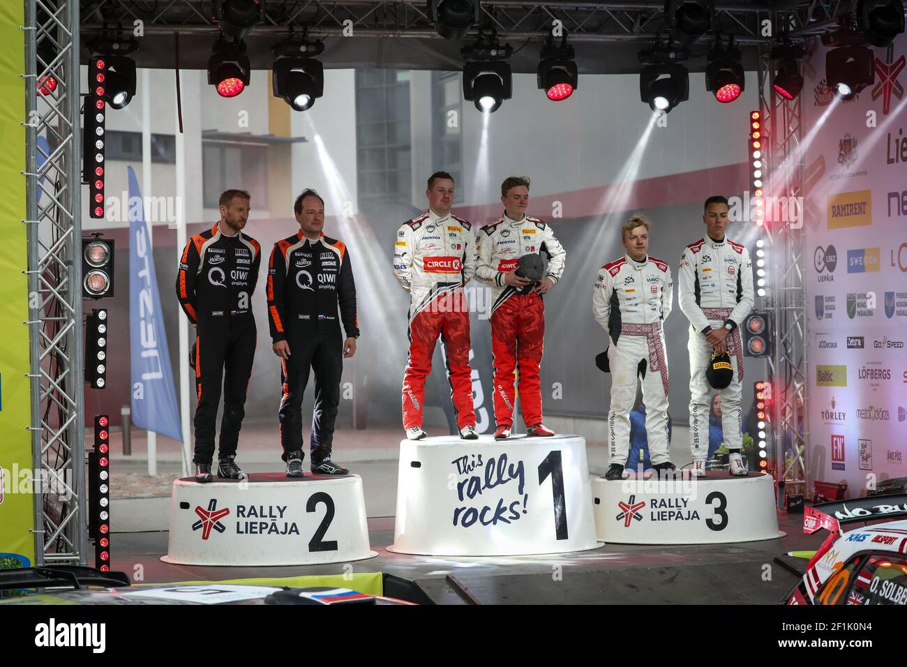 05 Alexey LUKYANUK, (RUS), Alexey ARNAUTOV, (RUS), Citroën C3 R5, Sainteloc Junior Team, podium, 10 Oliver SOLBERG, (LVA), Aaron JOHNSTON, (GBR), Volkswagen Polo GTI R5, Sports Racing Technologies, podium, 11 Martins SESKS, (LVA), Krisjanis CAUNE, (LVA), Skoda Fabia R5, LMT Autosporta Akademija, podium during the 2019 European Rally Championship ERC Liepaja rally, from may 24 to 26, at Liepaja, Lettonie - Photo Alexandre Guillaumot / DPPI Stock Photo