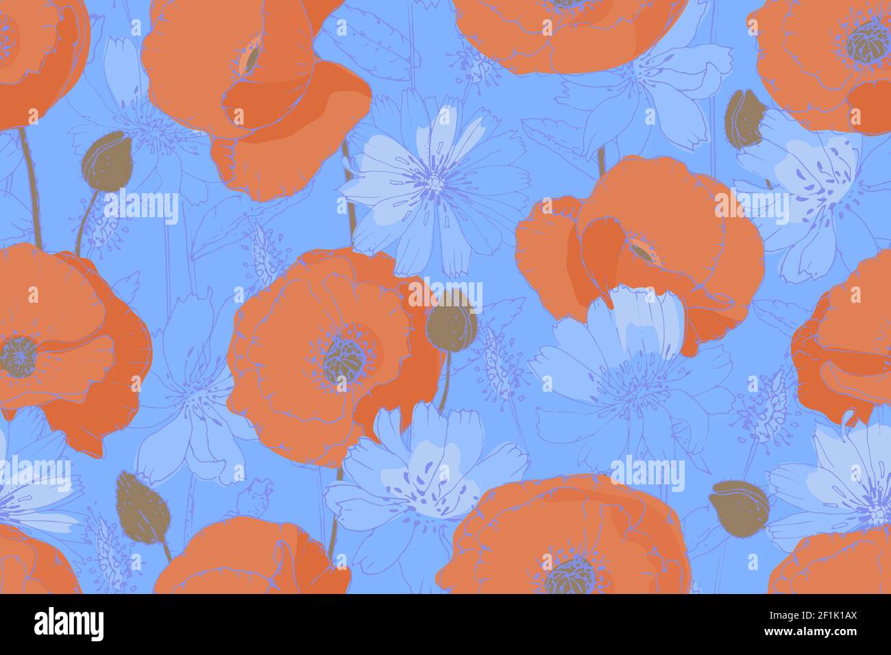 Vector floral seamless pattern. Orange poppies, blue chicory. Stock Vector