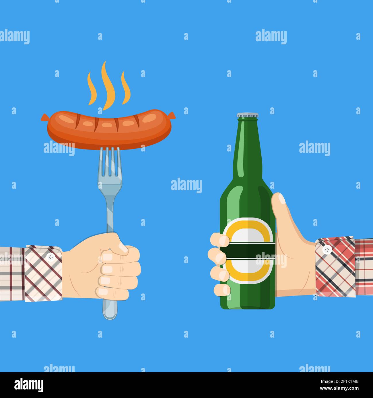 sausage on fork and bottle of beer in hand Stock Vector Image & Art Alamy