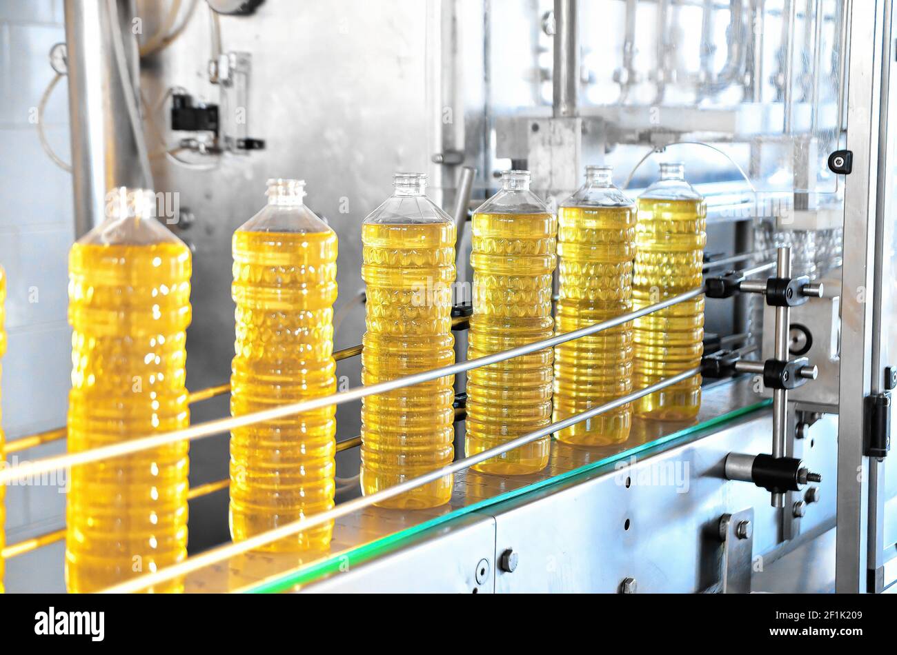 Sunflower oil. Factory line of production and filling of refined oil