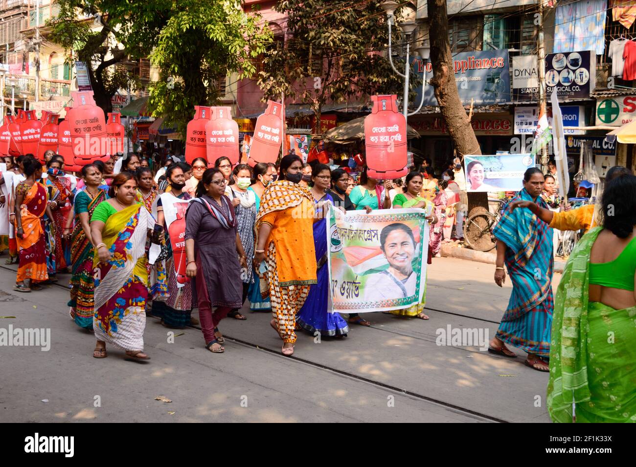 Political rally to protest against LPG Petrol Diesel price hike organized by All India Trinamool Congress on International womans Day in Kolkata, West Stock Photo