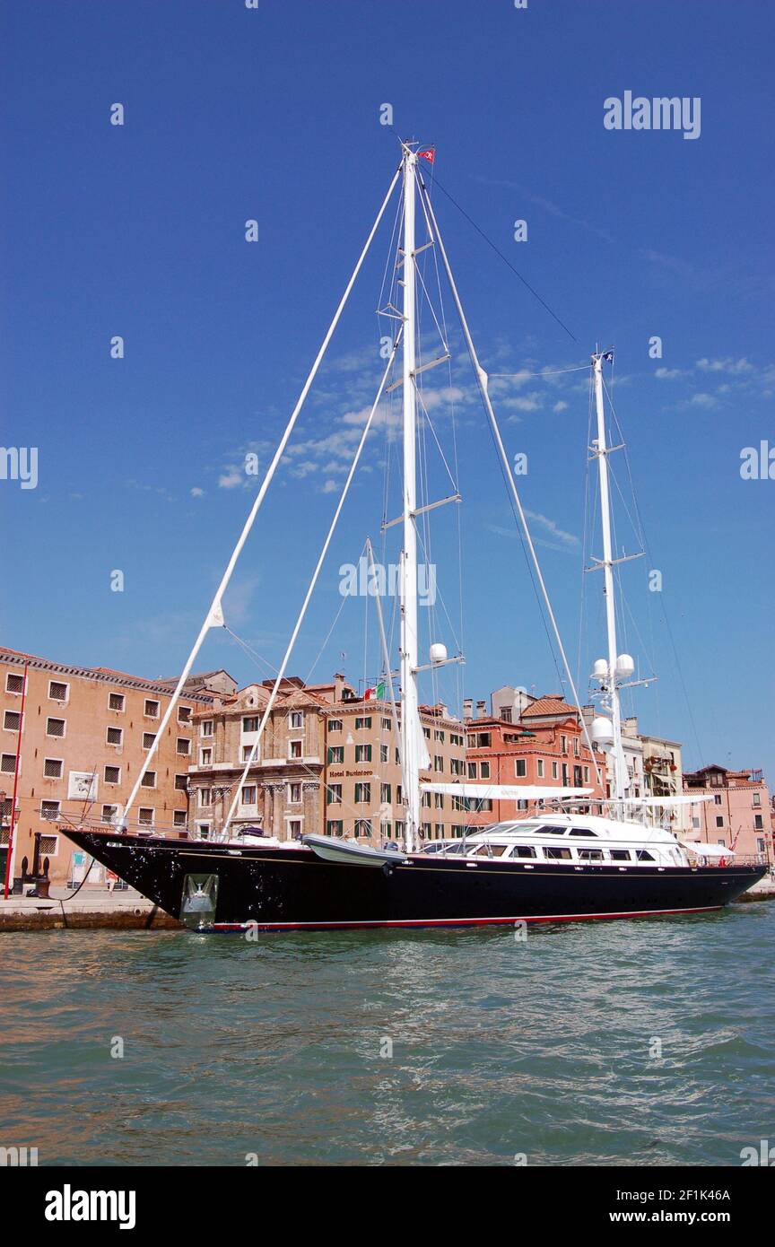 The magnificent super yacht Klosters, moored in Venice, Italy. The yacht was built by the Perini Navi shipyard in Italy and has room for 10 guests and Stock Photo
