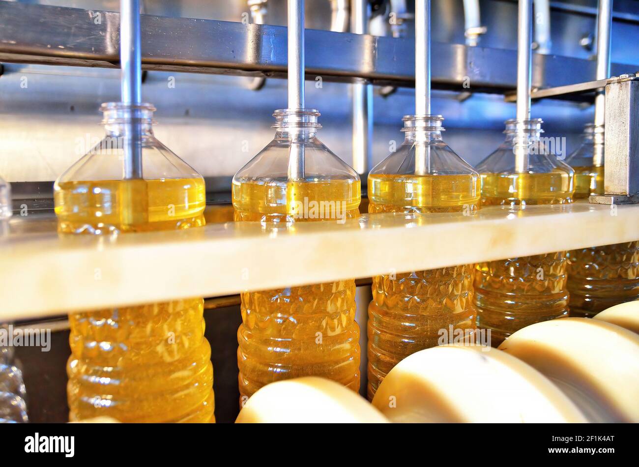 Sunflower oil. Factory line of production and filling of refined oil