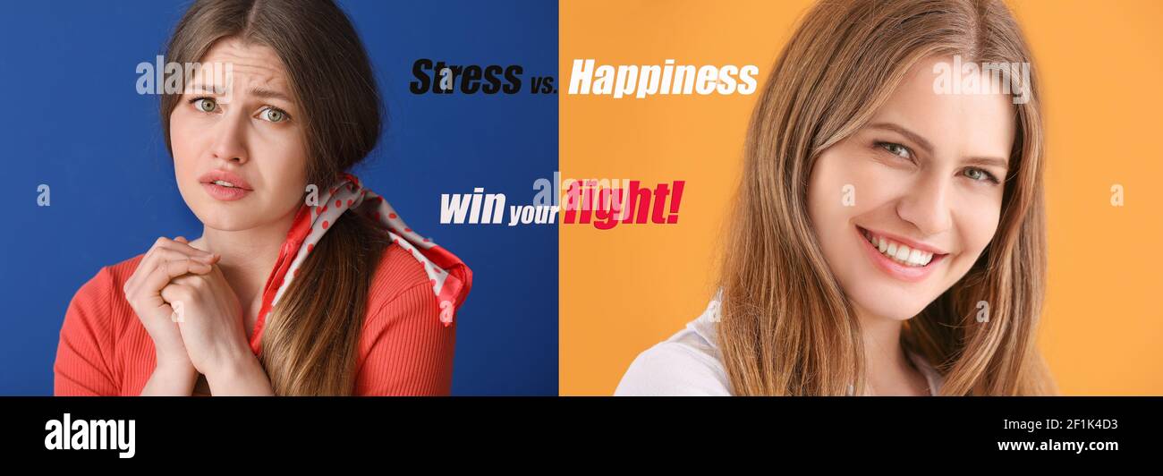 Comparison portrait of sad and happy young woman on color background ...