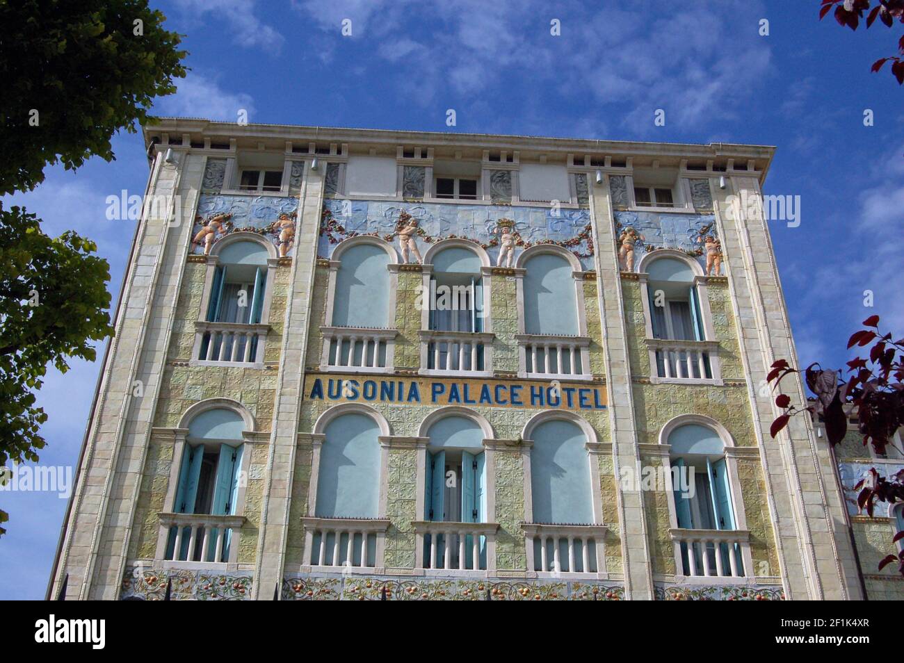 The decorated facade of the former Ausonia Palace hotel on the Venice Lido. An historic building which is still a top hotel but with a different name. Stock Photo