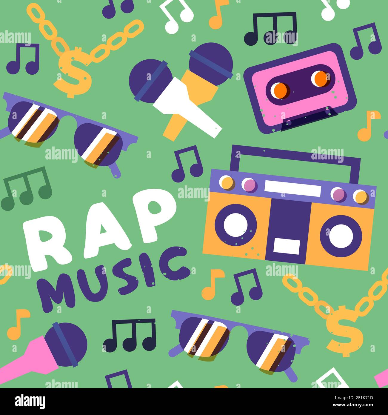 Rap music seamless pattern illustration of colorful retro style hip hop musical icons. Urban street background with microphone, gold chain, mixtape. Stock Vector