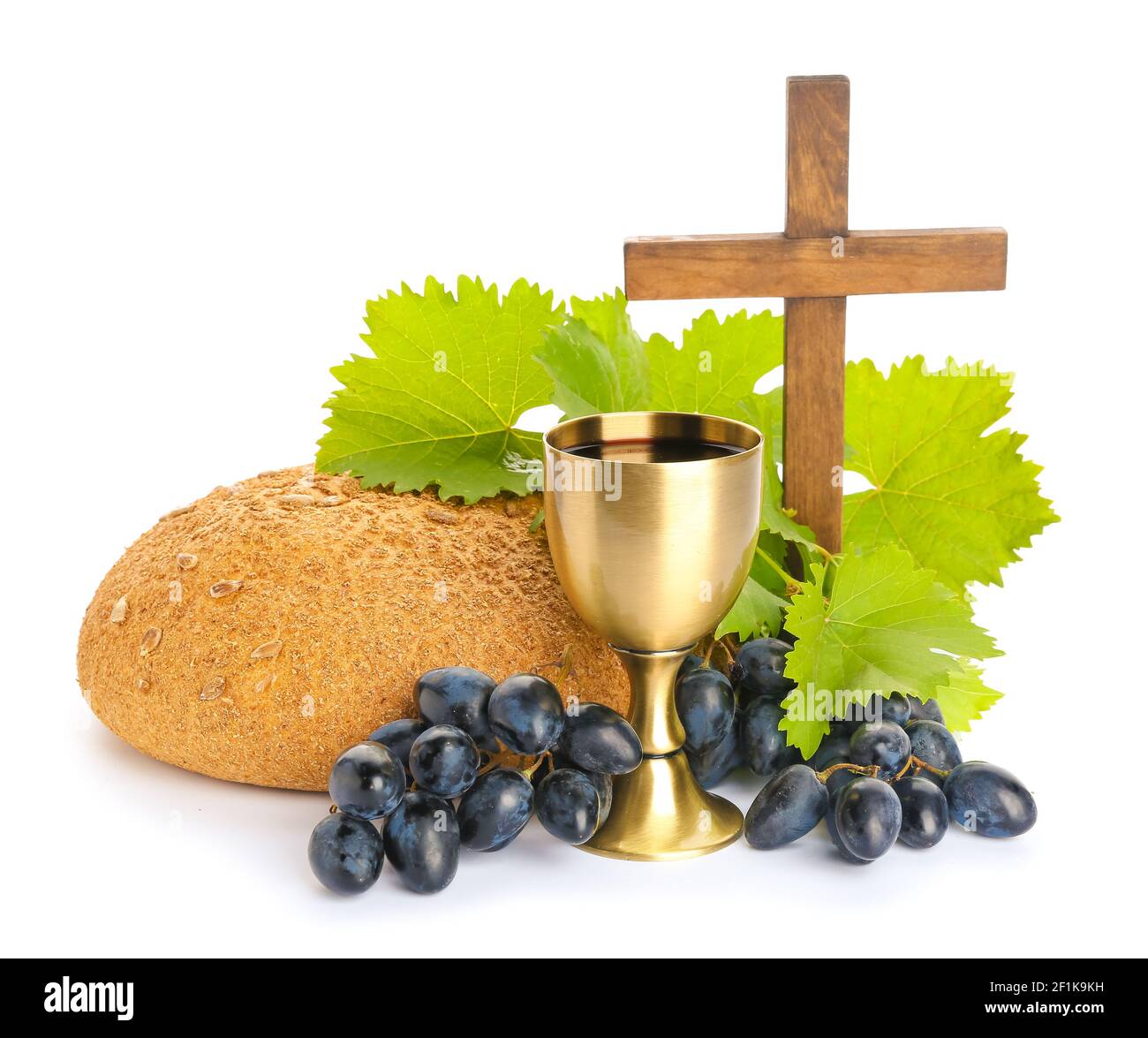 Chalice of wine, cross and bread on white background Stock Photo - Alamy