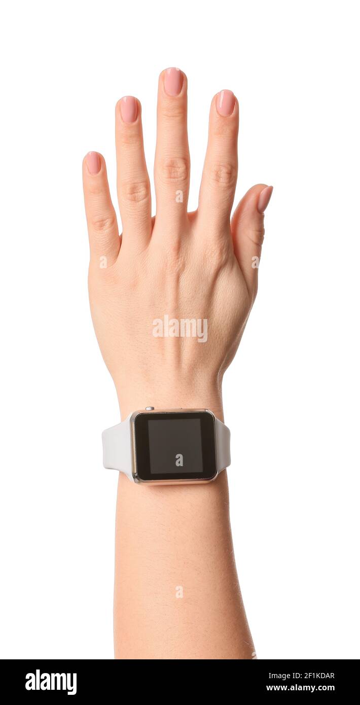Female hand with smart watch on white background Stock Photo - Alamy