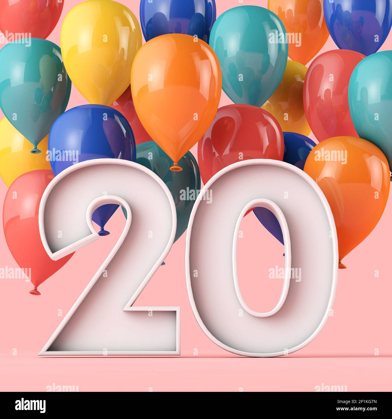 Happy 20th birthday background with colourful balloons. 3D Rendering Stock Photo