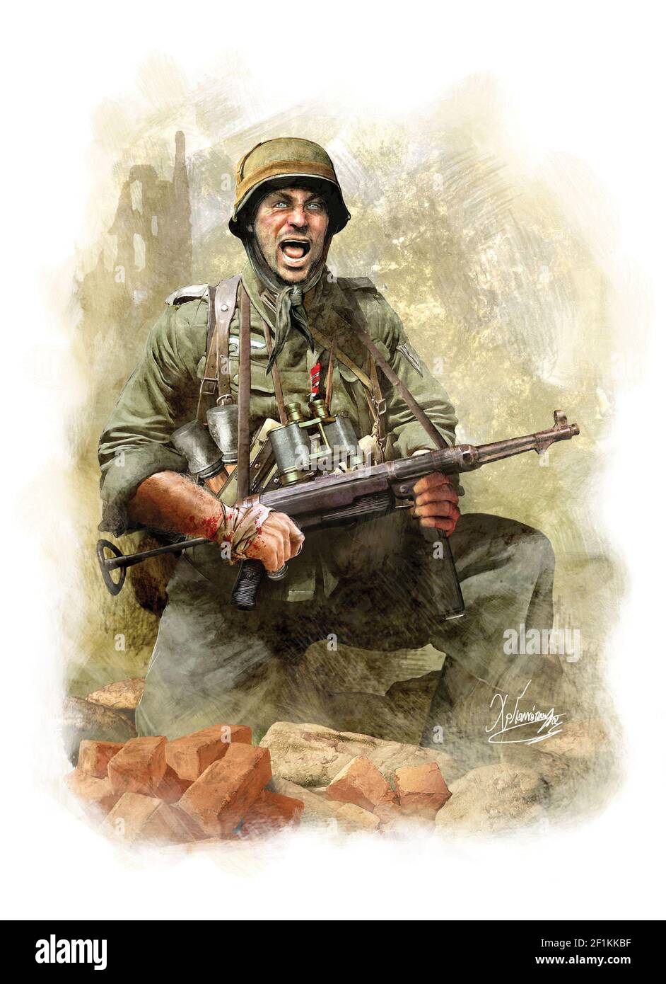 German infantry NCO in battle frenzy - WW2-battle of Stalingand Stock Photo