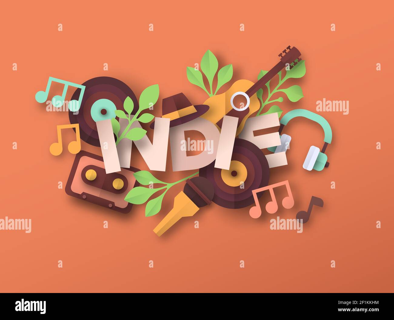 Indie music style illustration with 3d paper cut musical instrument icons. Independent band concert, live acoustic event concept. Includes microphone, Stock Vector