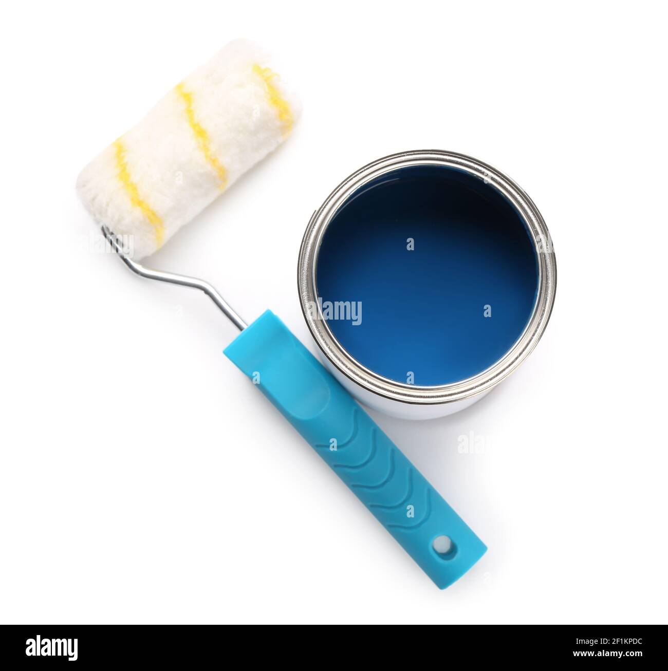 Can of blue paint and roller on white background Stock Photo - Alamy
