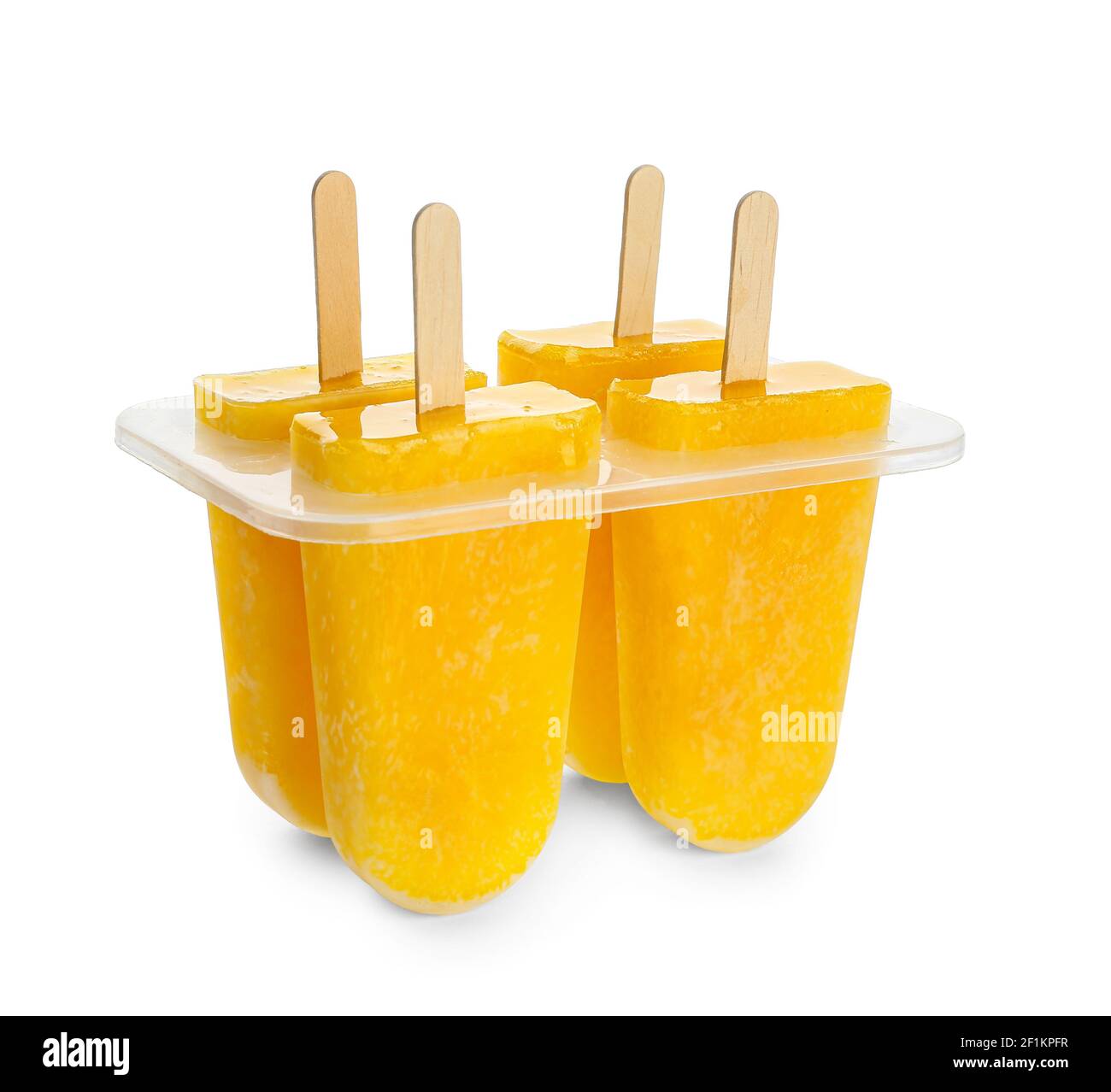 Container with homemade mango ice-cream on white background Stock Photo