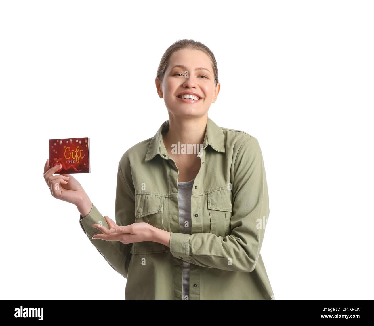 Young woman with gift card on white background Stock Photo - Alamy