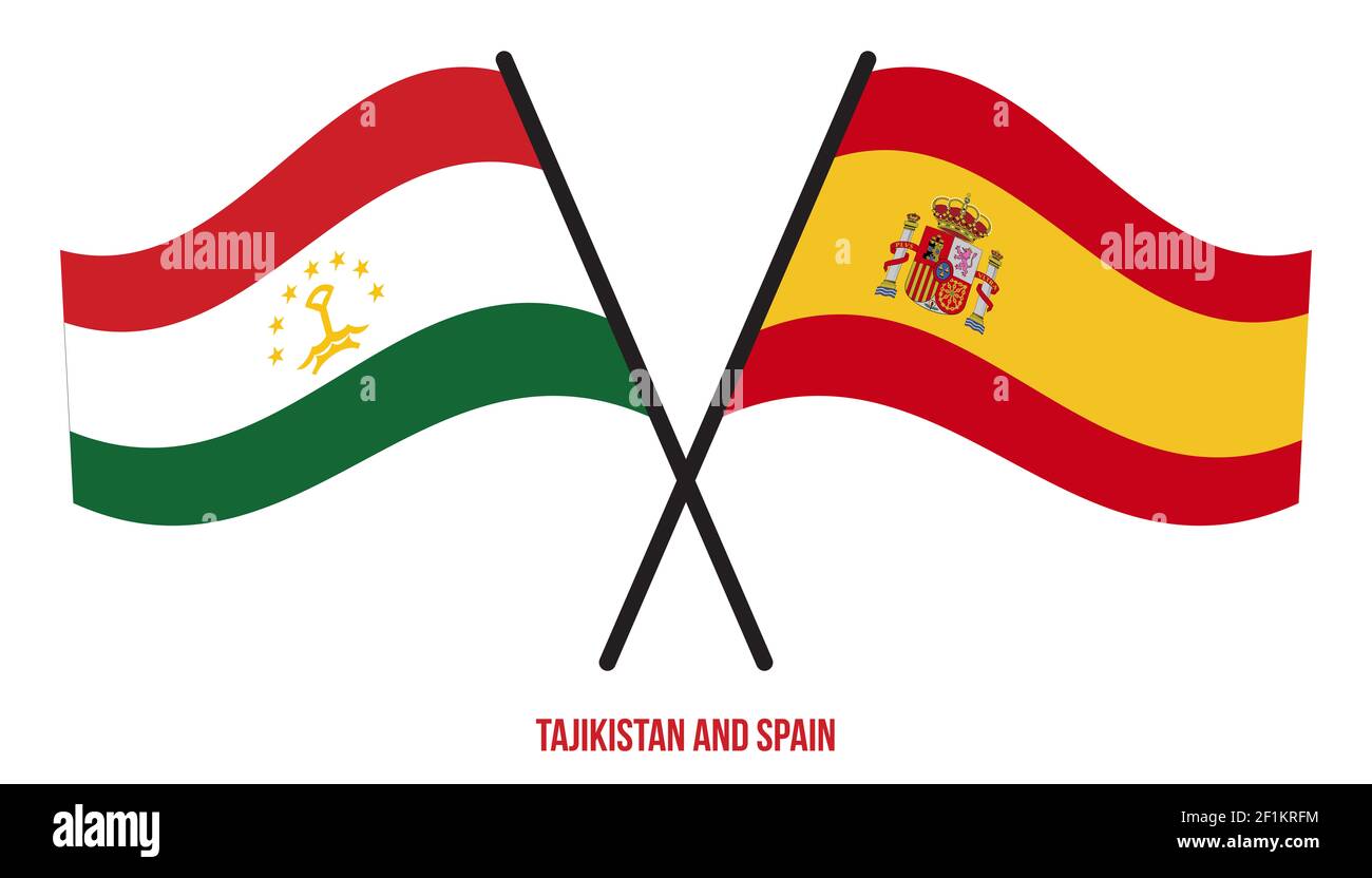 Tajikistan and Spain Flags Crossed And Waving Flat Style. Official Proportion. Correct Colors. Stock Photo