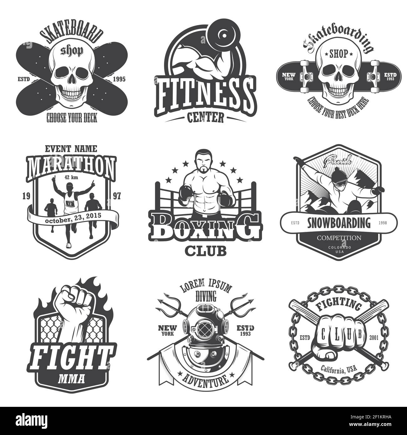 Set of vintage sports emblems, labels, badges and logos. Monochrome