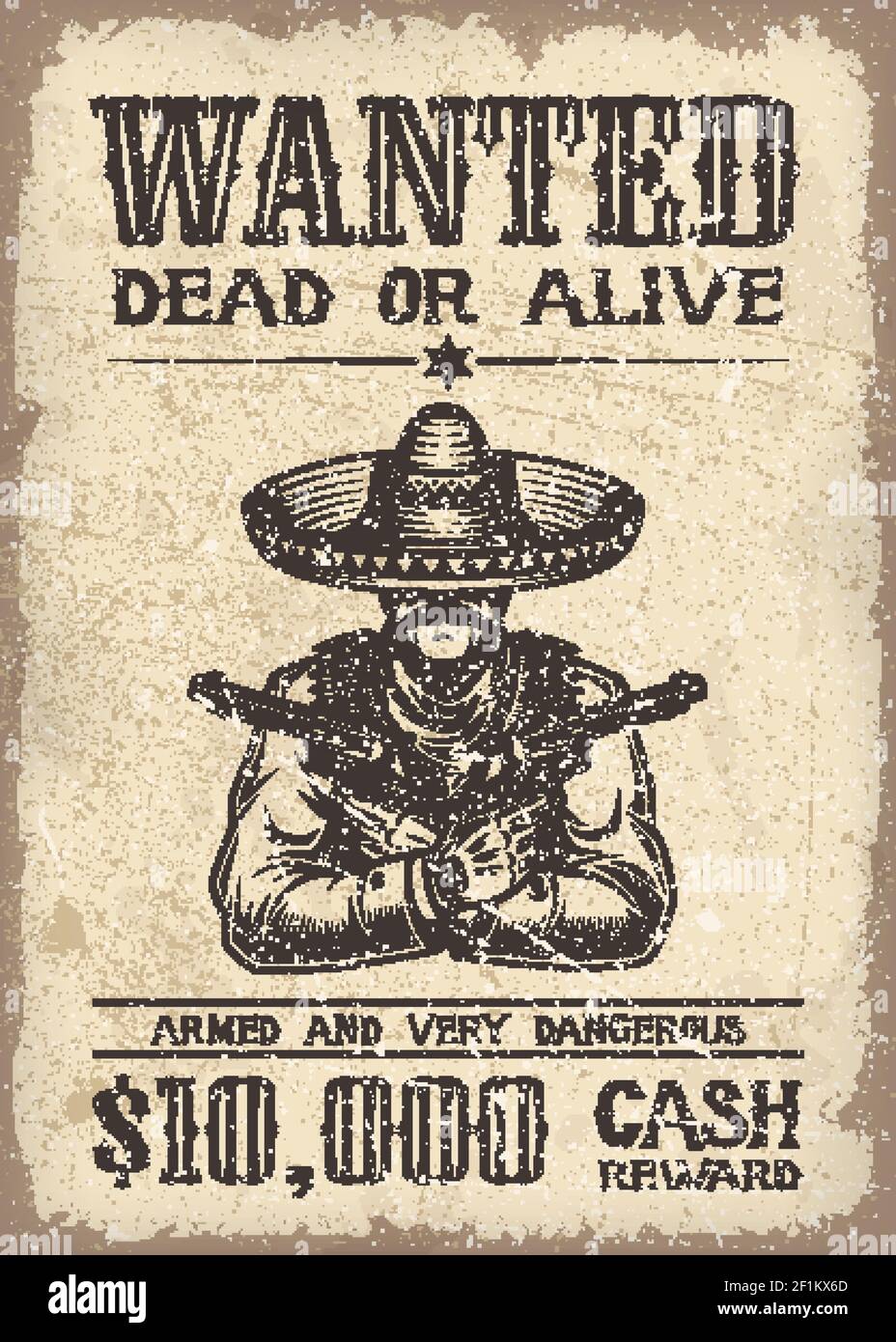 Vitage wild west wanted poster with old paper texture backgroung Stock Vector