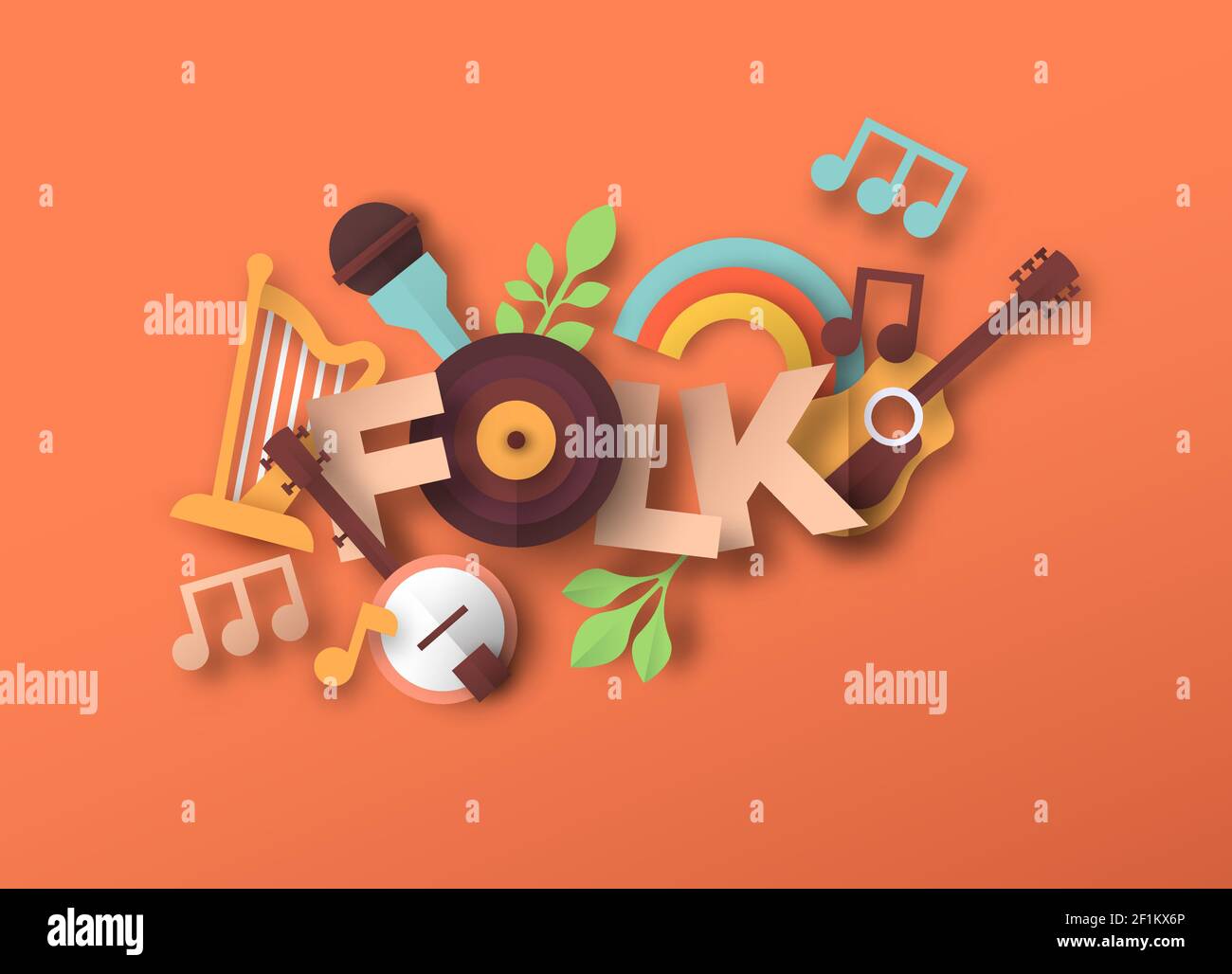 Folk music style illustration with 3d paper cut musical instrument