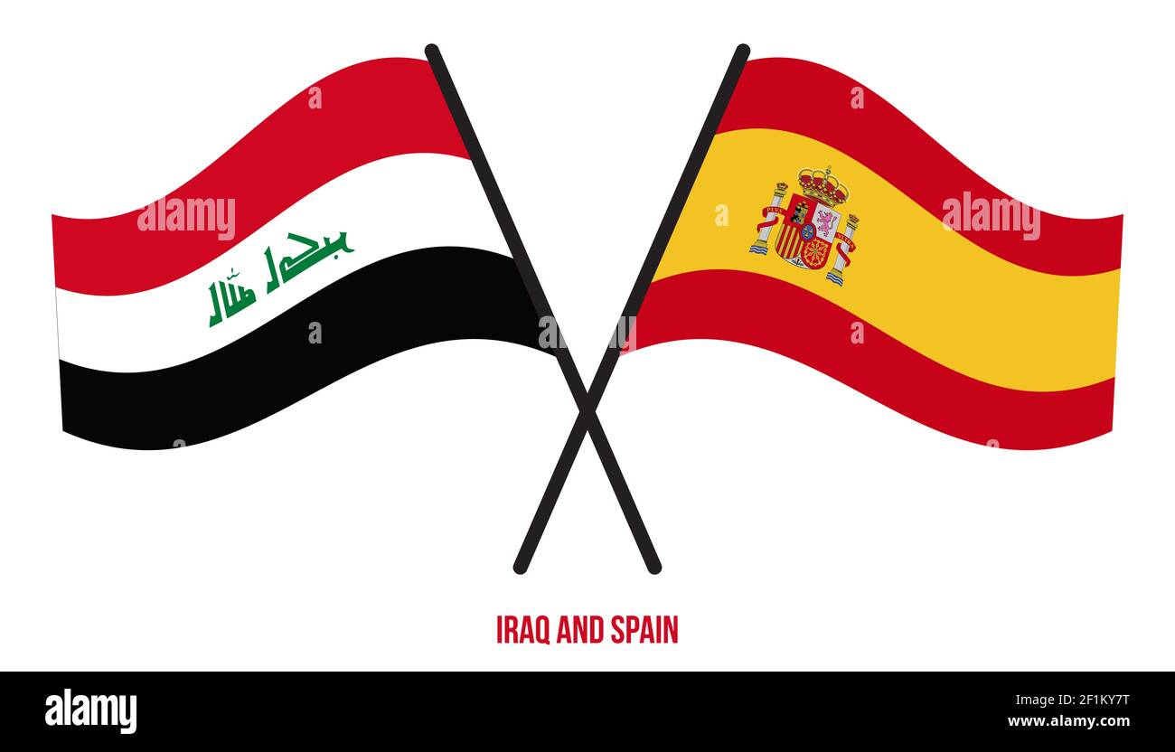 Iraq and Spain Flags Crossed And Waving Flat Style. Official Proportion. Correct Colors. Stock Photo