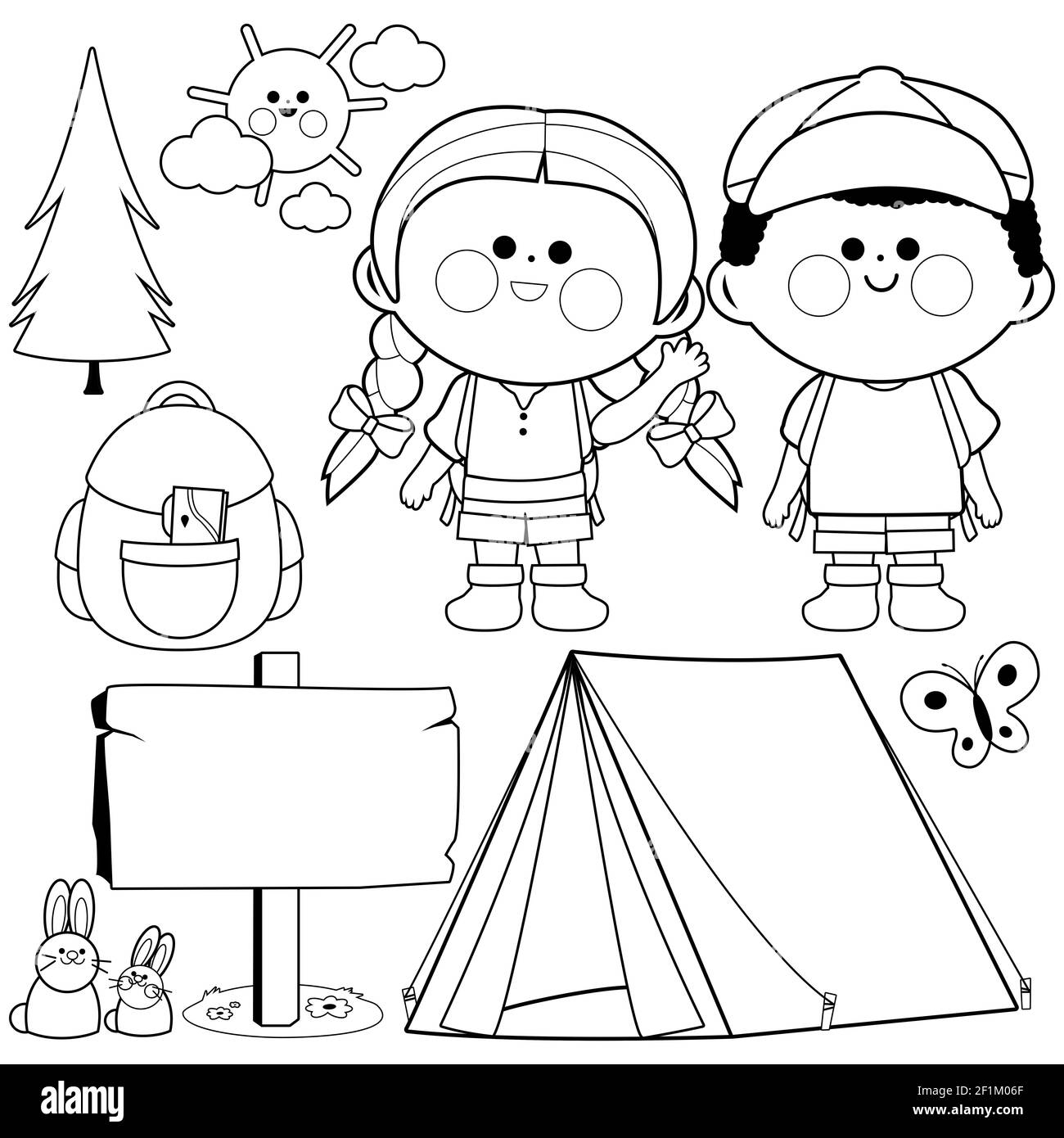 Happy children in a camping site. Black and white coloring page Stock ...