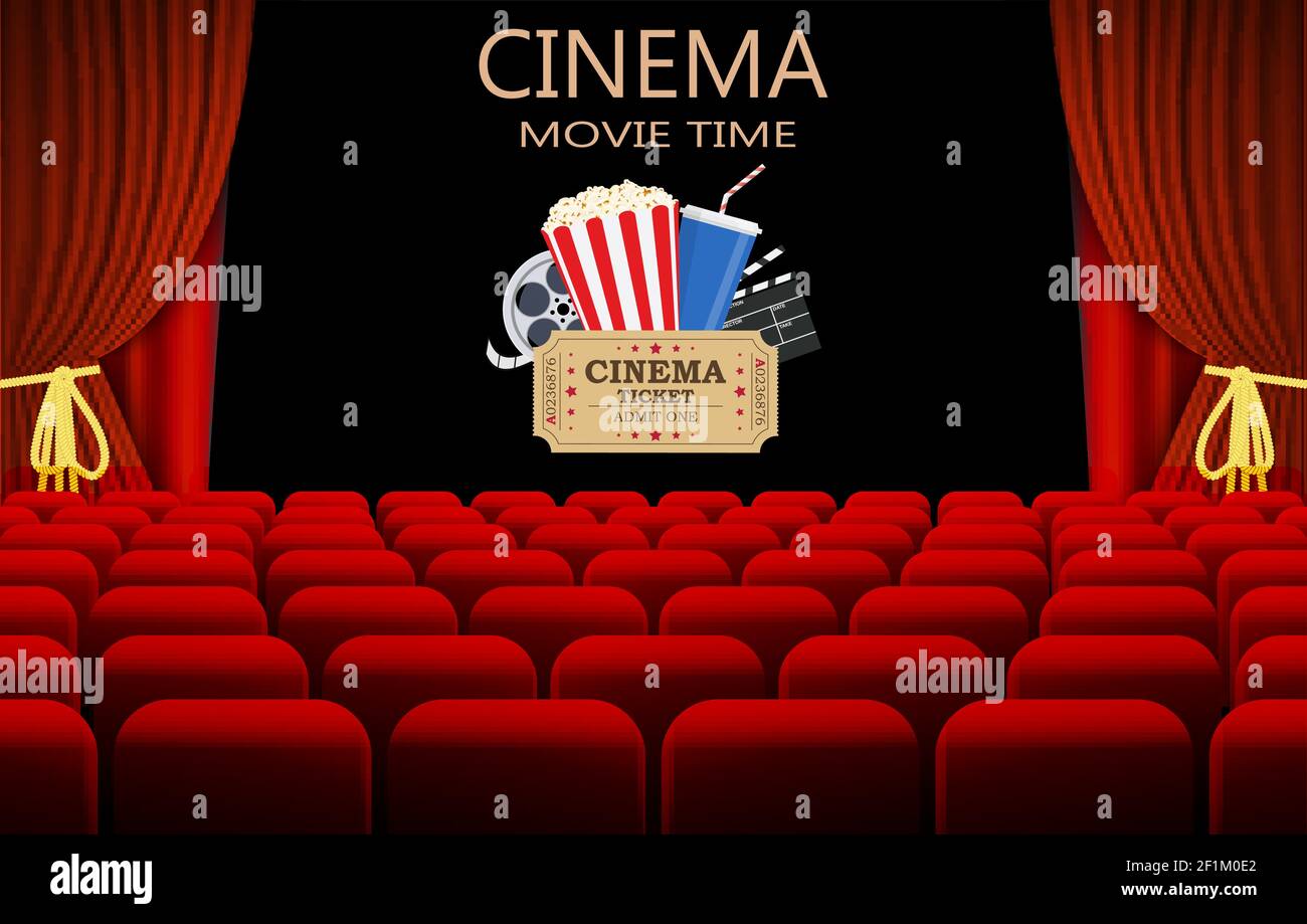 Movie theater with row of red seats Stock Vector