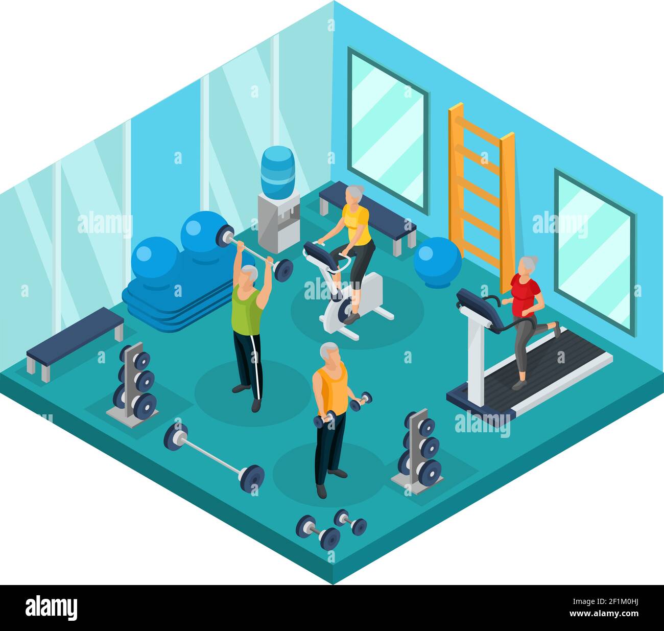 Isometric pensioners in gym concept with grandfathers lifting dumbbels