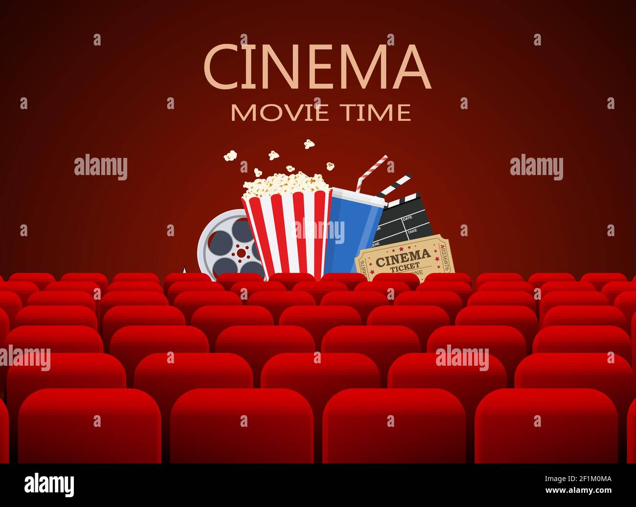 Movie theater with row of red seats Stock Vector