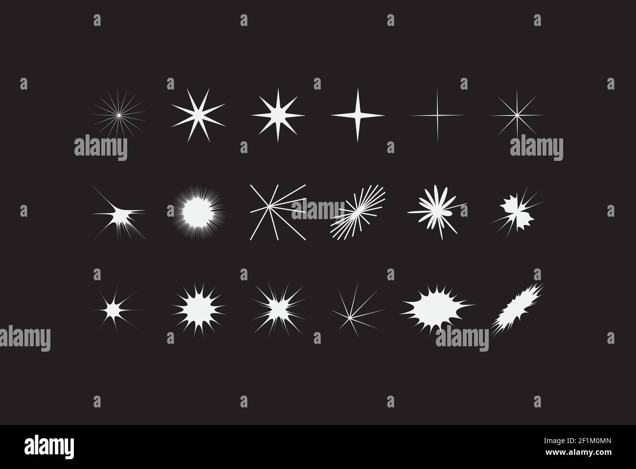 Stylised star element vector set. Here are many variations from usual shapes to distorted and unrecognisable. This distorted and extraordinary forms m Stock Vector