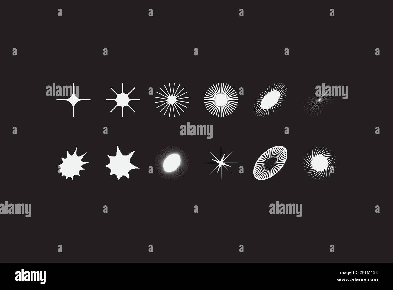 Stylised star element vector set. Here are many variations from usual shapes to distorted and unrecognisable. This distorted and extraordinary forms m Stock Vector