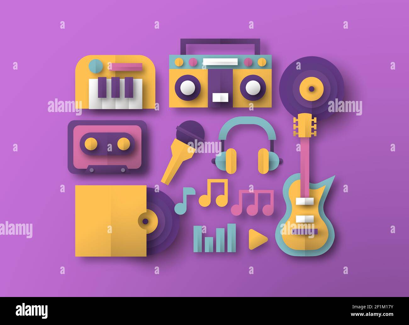 Colorful paper cut music icon collection, musical instrument and audio equipment set made in modern 3d papercut craft style. Includes retro vinyl, pia Stock Vector
