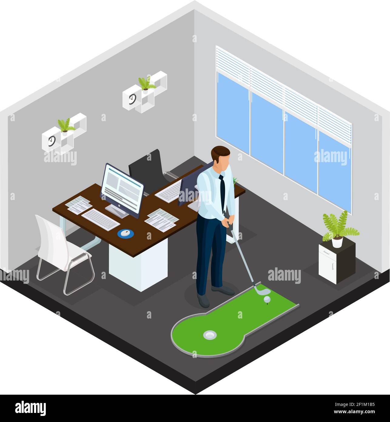 Isometric mini golf template with businessman playing game on small course in office vector illustration Stock Vector