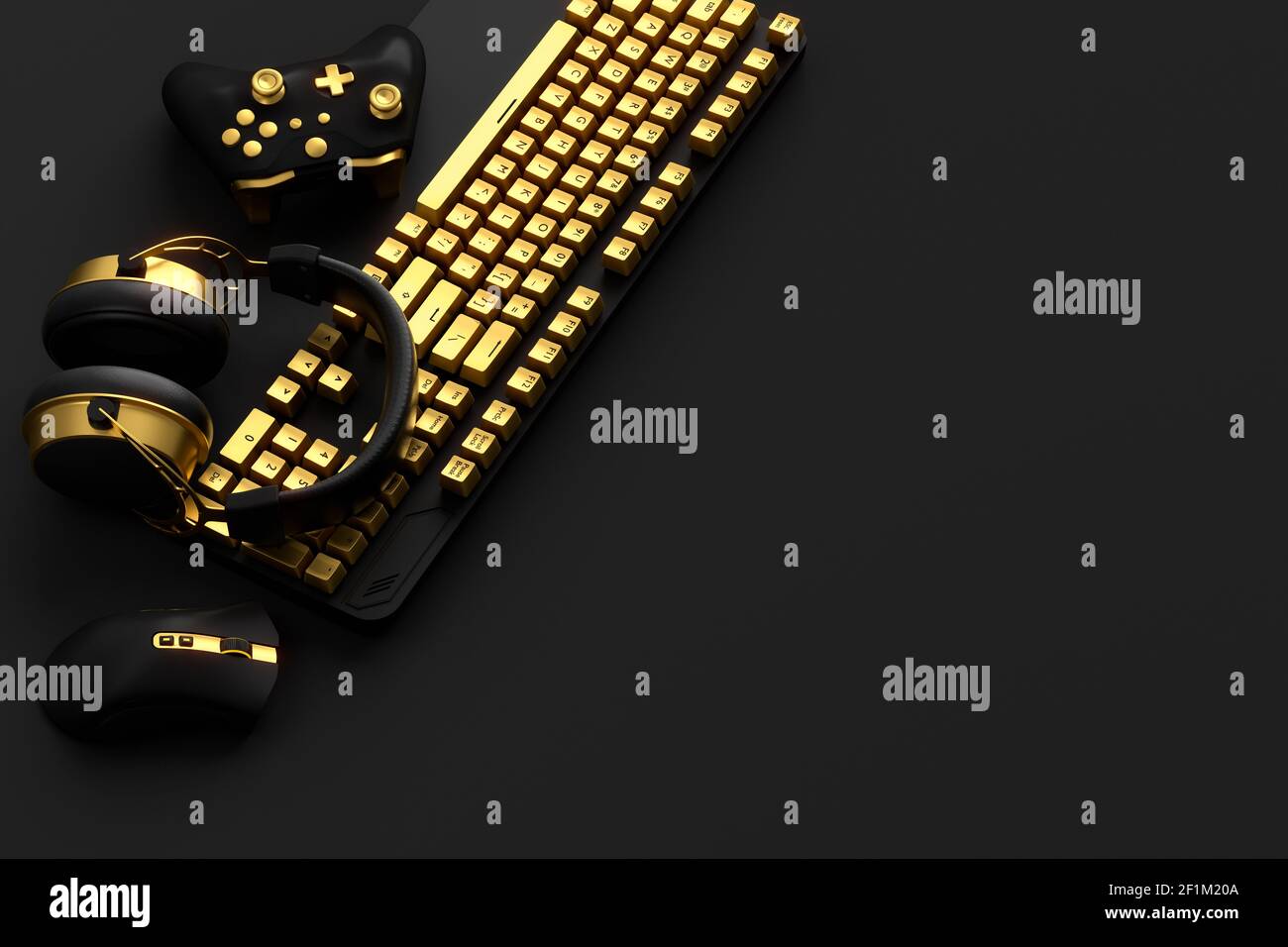 Top view of gamer workspace and gear like mouse, keyboard, joystick