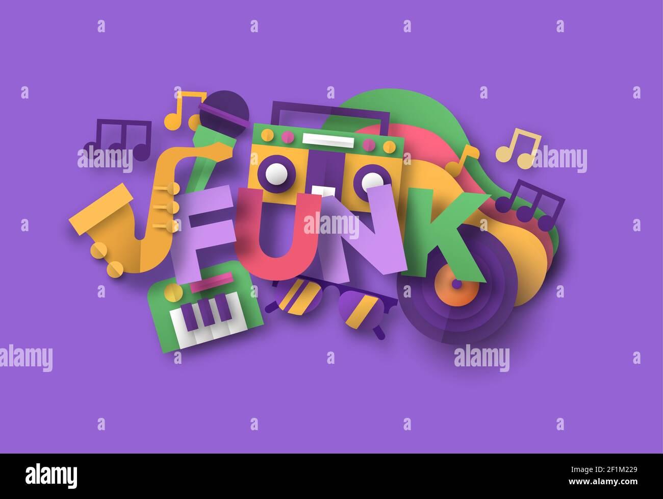 Funk music style illustration with 3d paper cut musical equipment icons. Groovy band, festival event or concert show concept. Includes microphone, sax Stock Vector