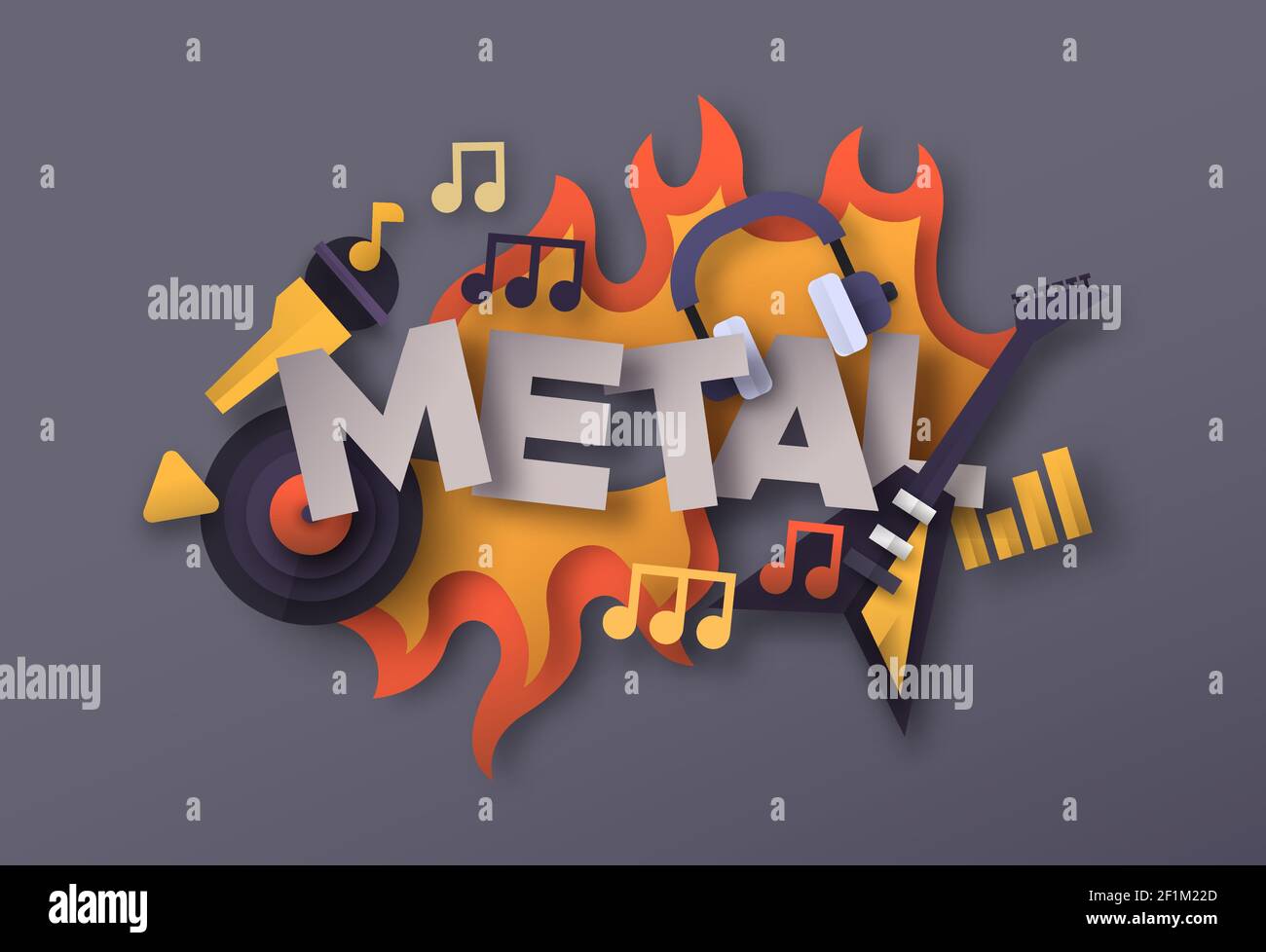 Heavy Metal music style illustration with 3d paper cut musical equipment icons. Hard rock band festival or concert event concept. Includes microphone, Stock Vector