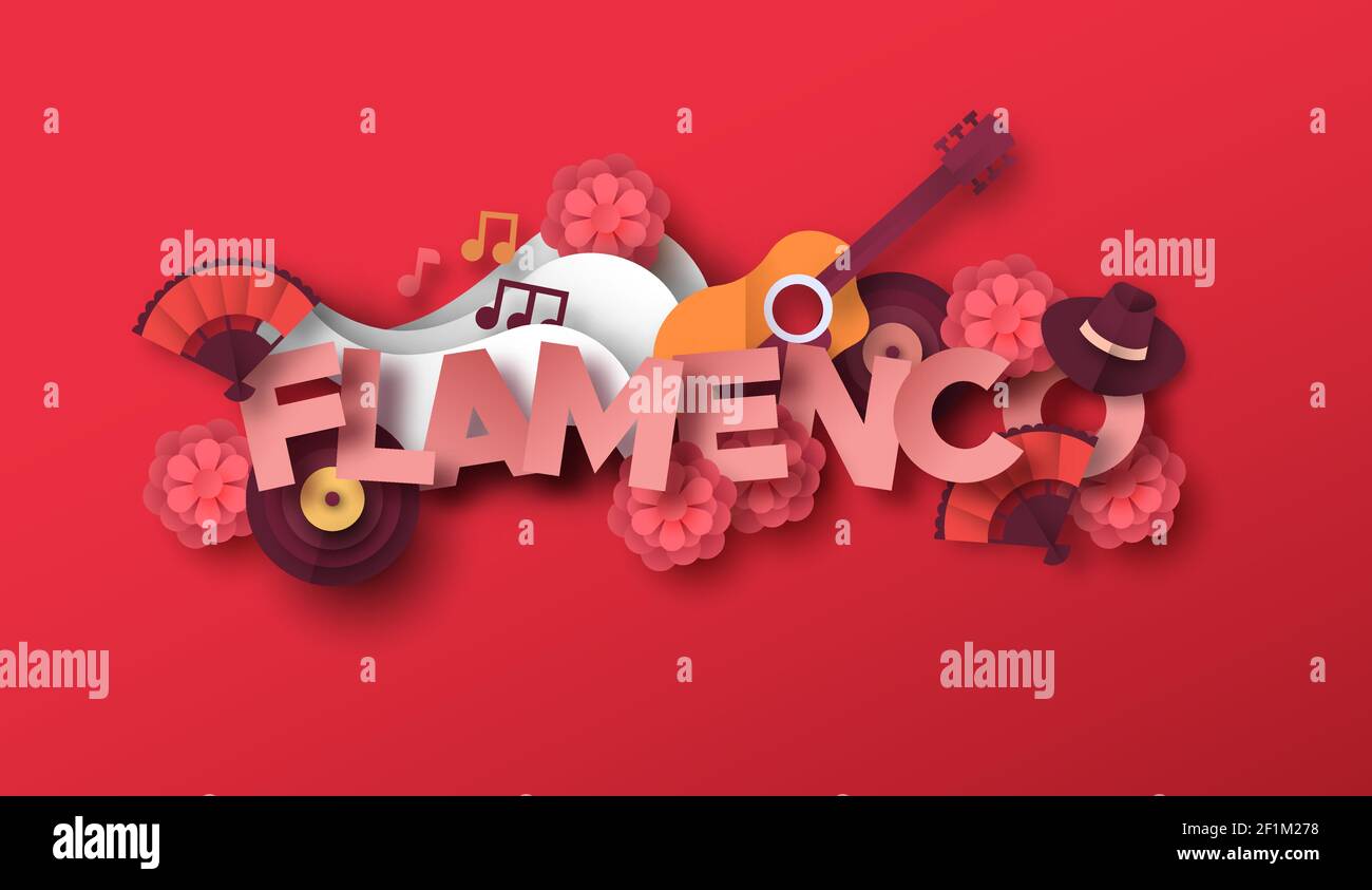 Flamenco music style illustration with 3d paper cut musical equipment icons. Classic spanish band, festival event or cultural concert show concept. In Stock Vector