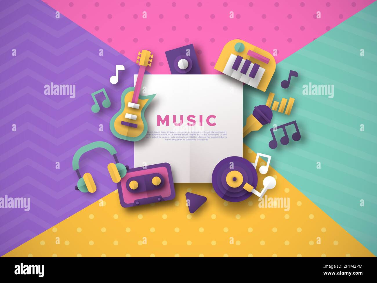 Paper cut music icon template with white copy space frame. Colorful