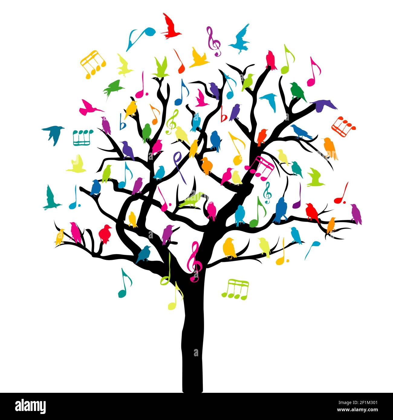 Music concept with colored birds and musical notes on a tree Stock