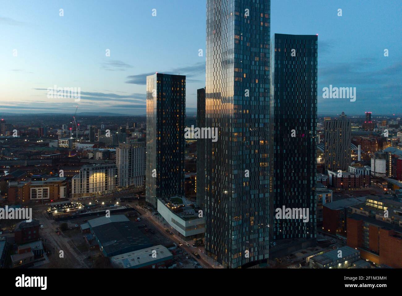 Manchester Deansgate Square Towers Twilight Hours Stock Footage