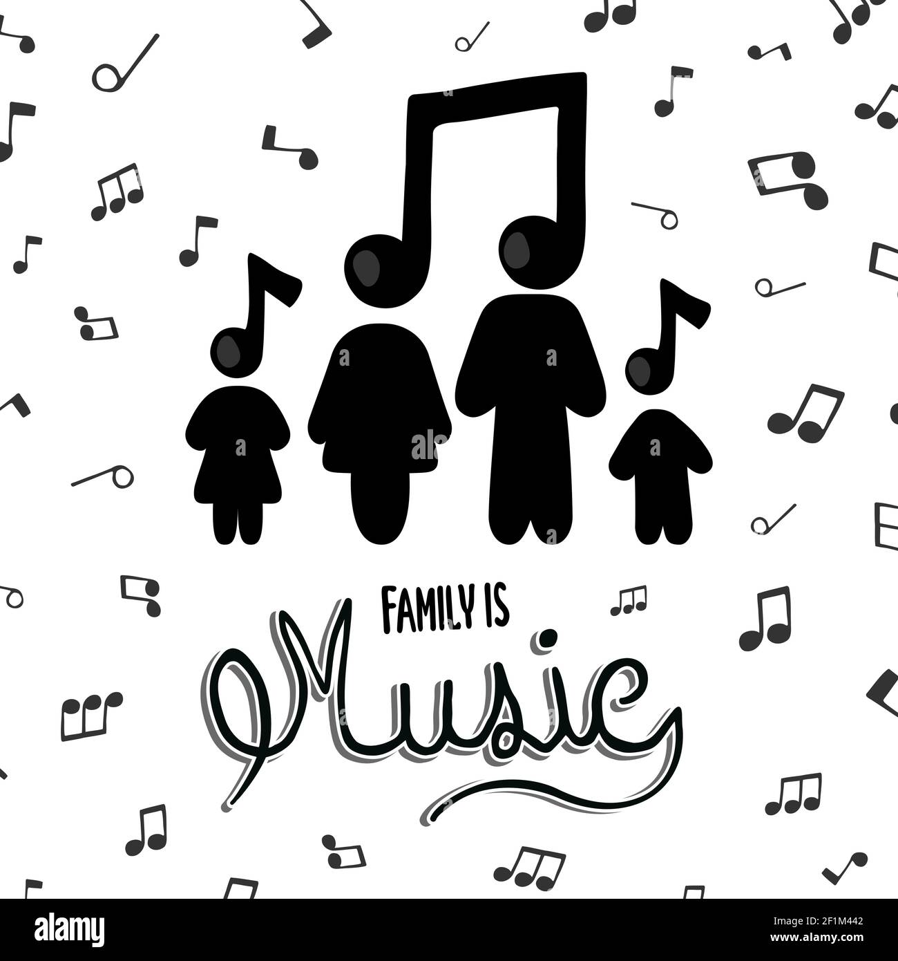 Family is music text quote illustration for musical concept. Mom, dad, children cartoon with sound note background in black and white color. Stock Vector