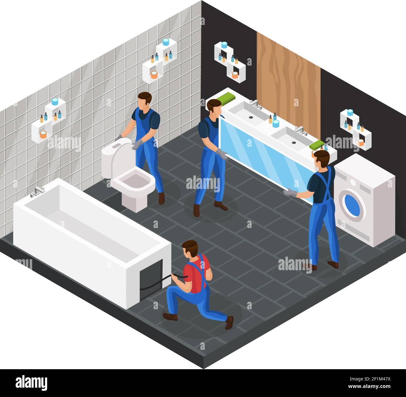 Isometric bathroom renovation concept with professional workers install ...