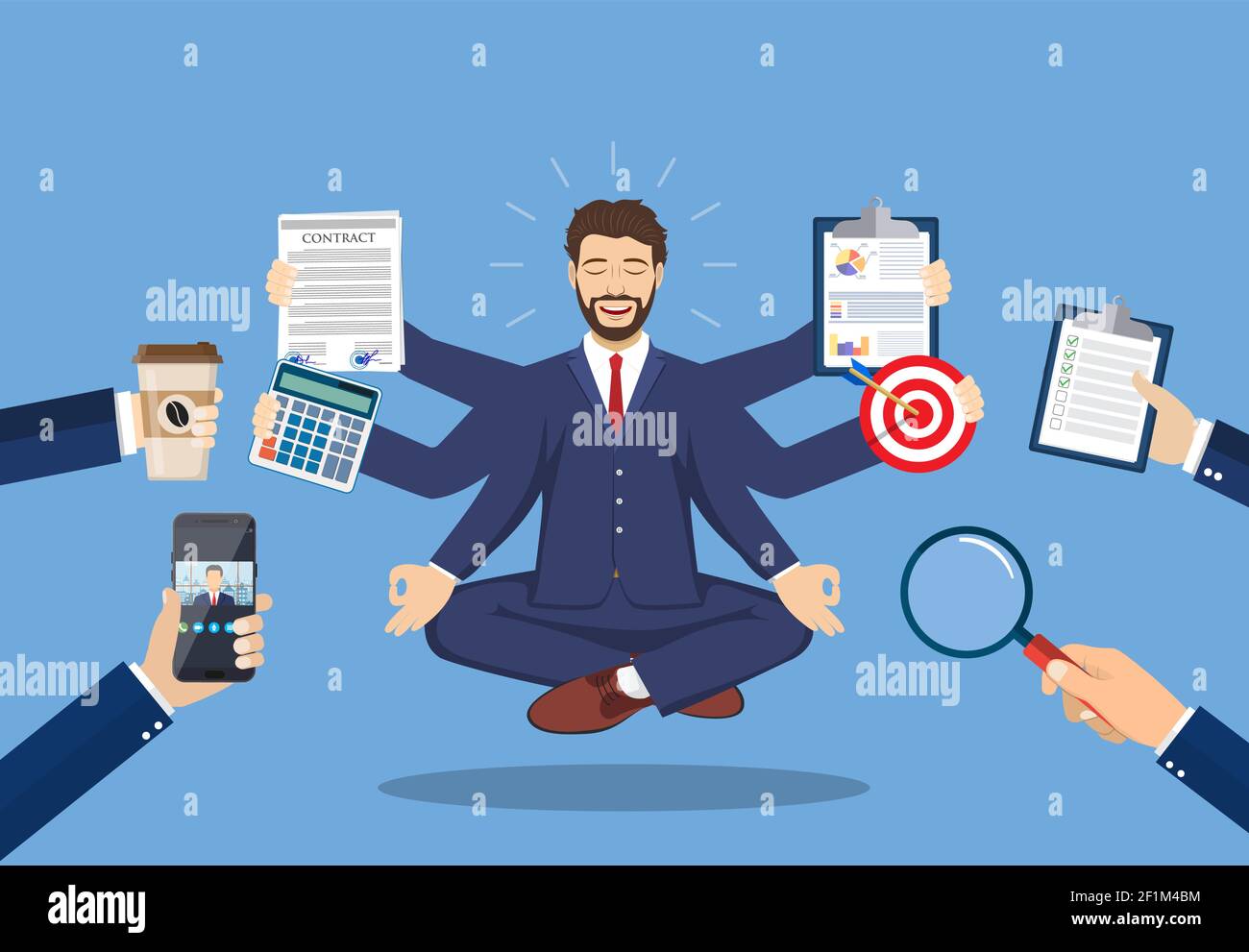 Business man surrounded by hands Stock Vector