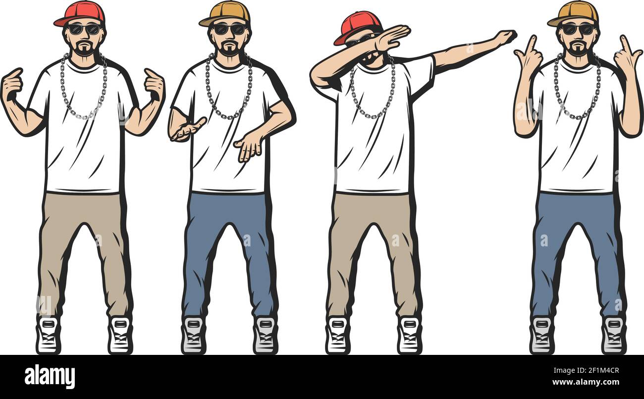 Vintage colored rappers set with bearded guys dressed in hip hop style and showing different rap gestures isolated vector illustration Stock Vector