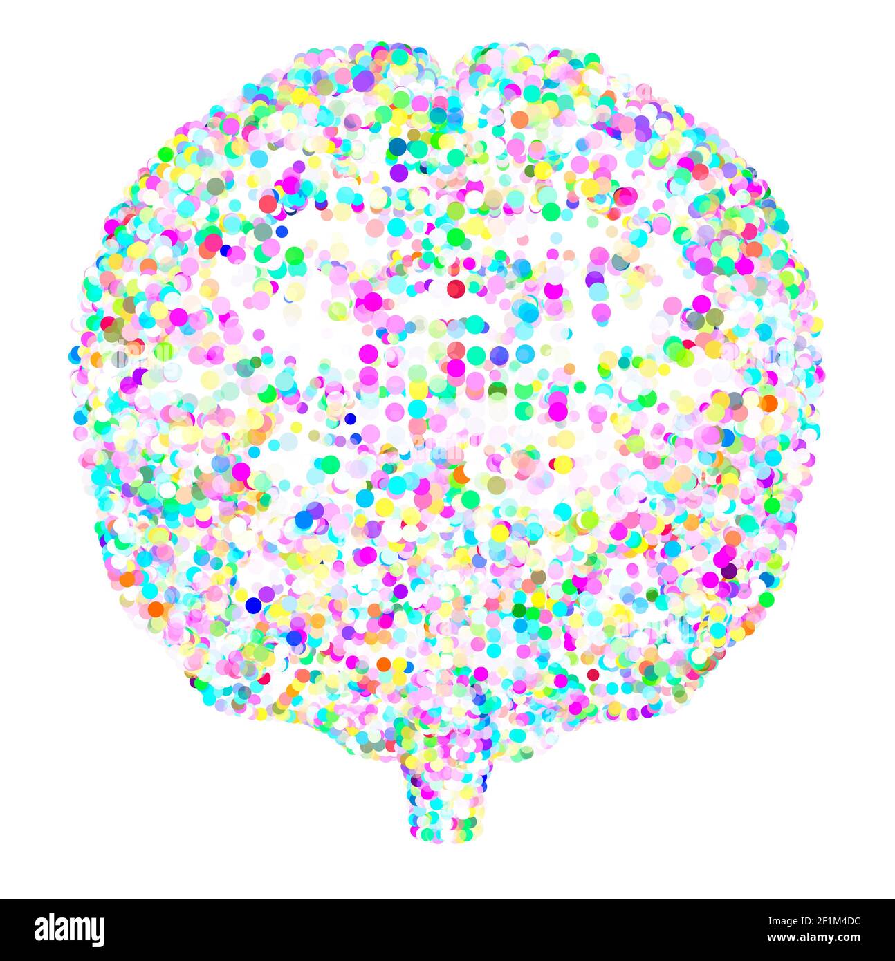 Stylized brain with dots. Ideas and thoughts, be creative. Multicolored circles. Front view of the brain organ. Human anatomy. Particles Stock Photo