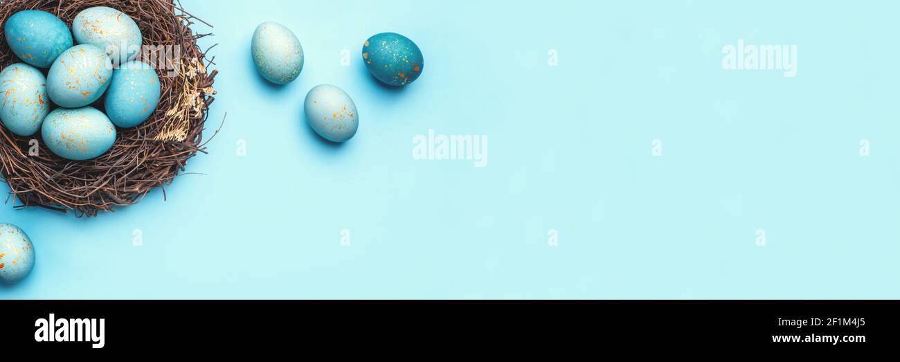 Easter eggs in nest on blue background Stock Photo - Alamy