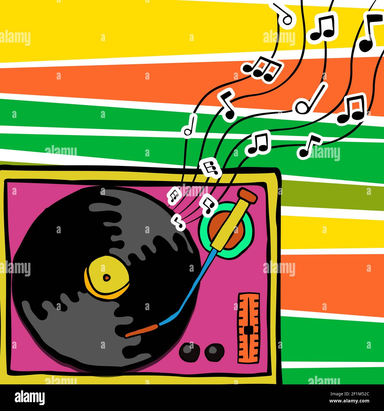 Colorful retro turntable vinyl illustration in 80s comic hand drawn style. Vintage music player with musical notes background. Stock Vector