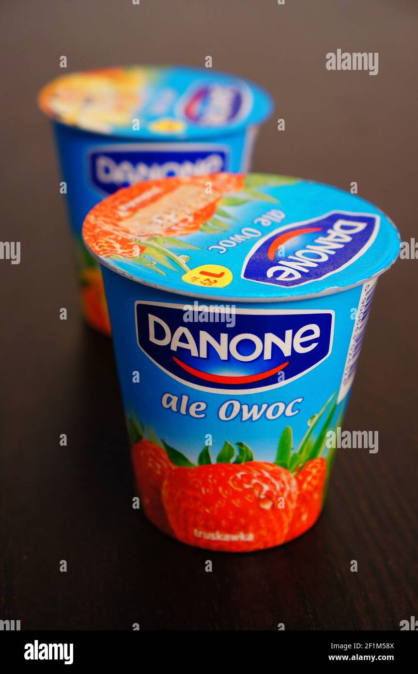 POZNAN, POLAND - Nov 20, 2013: Polish Danone yoghurt with fruit pieces Stock Photo
