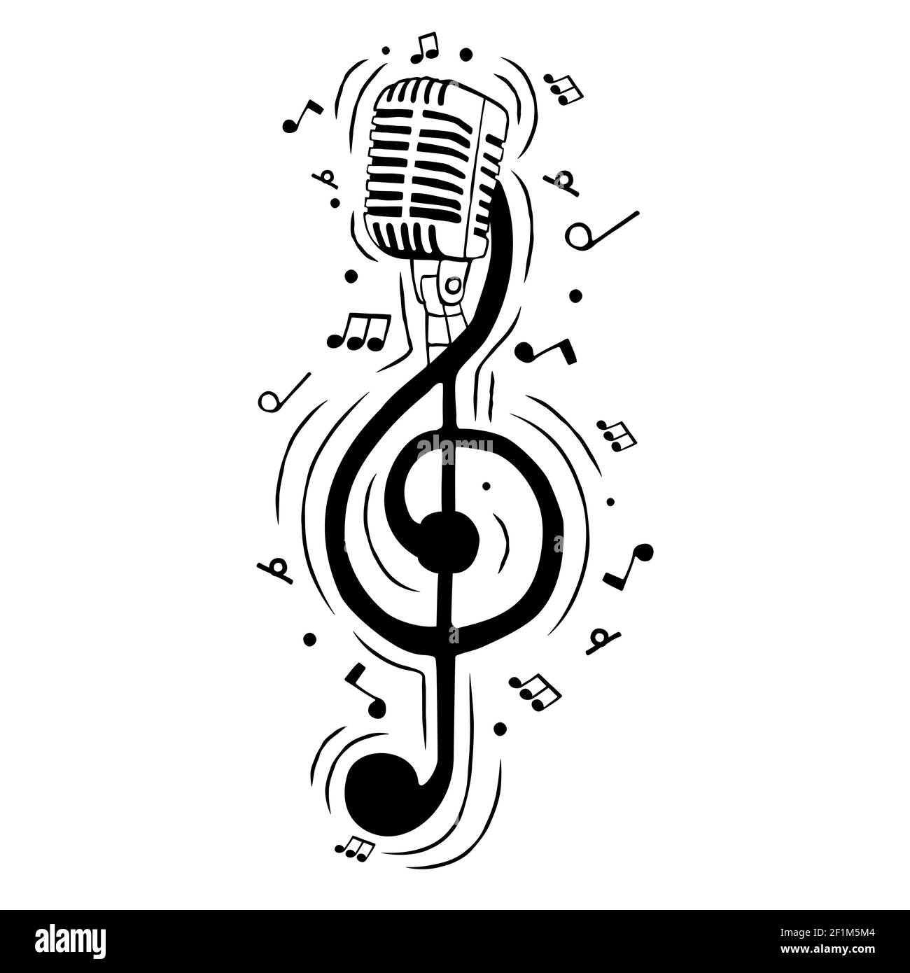 Music treble clef note as microphone illustration for musical event or singing concept. Hand drawn cartoon on isolated background. Stock Vector