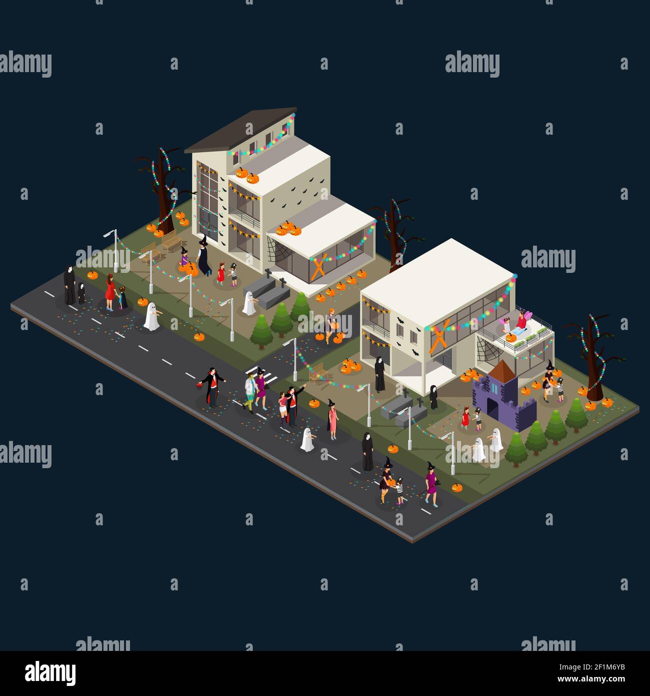 Isometric Halloween Holiday celebration concept with houses castle pumpkins  tombstones and people wearing different costumes isolated vector illustrat  Stock Vector Image & Art - Alamy